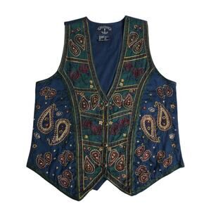 Vintage Solutions Vest Small Blue Paisley Embroidered Western Boho Festival 90s